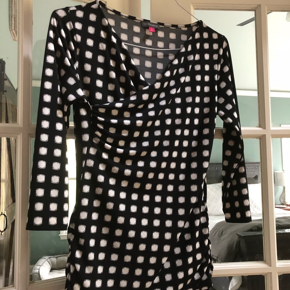Vince camuto black and white pattern faux wrap top